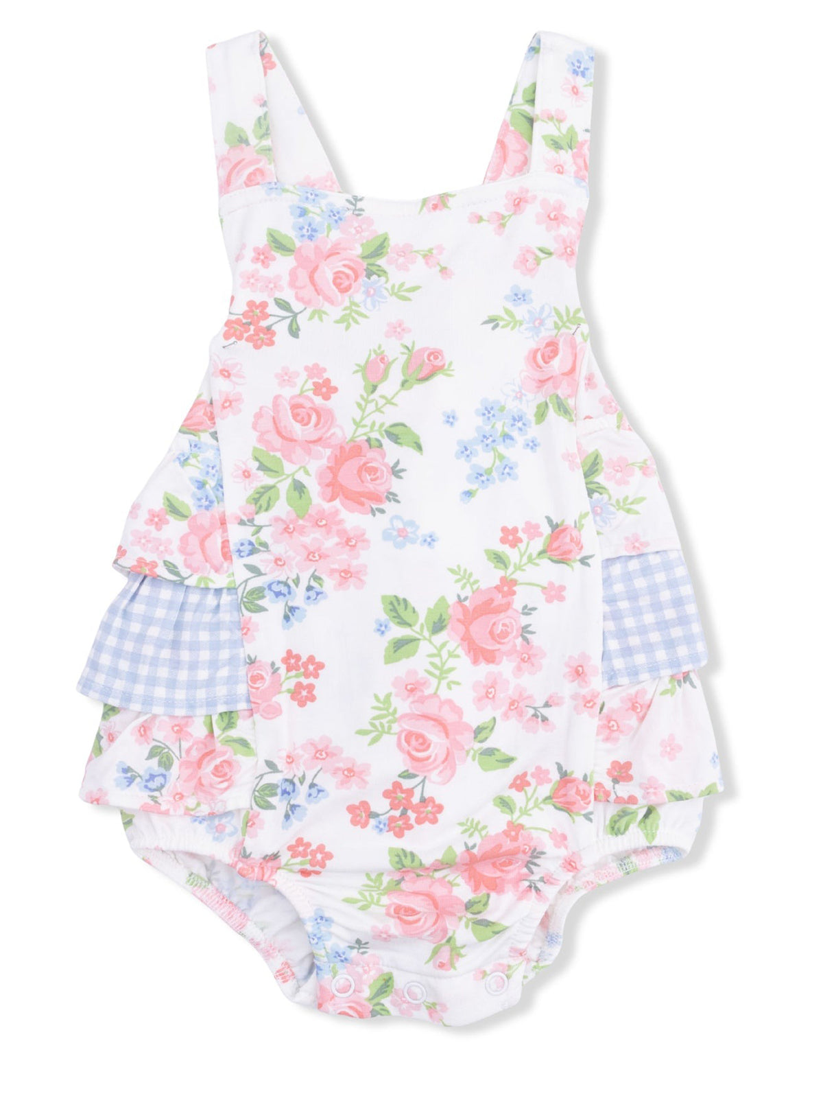 Floral baby romper with pink roses and blue accents, featuring ruffled layers and shoulder straps. 