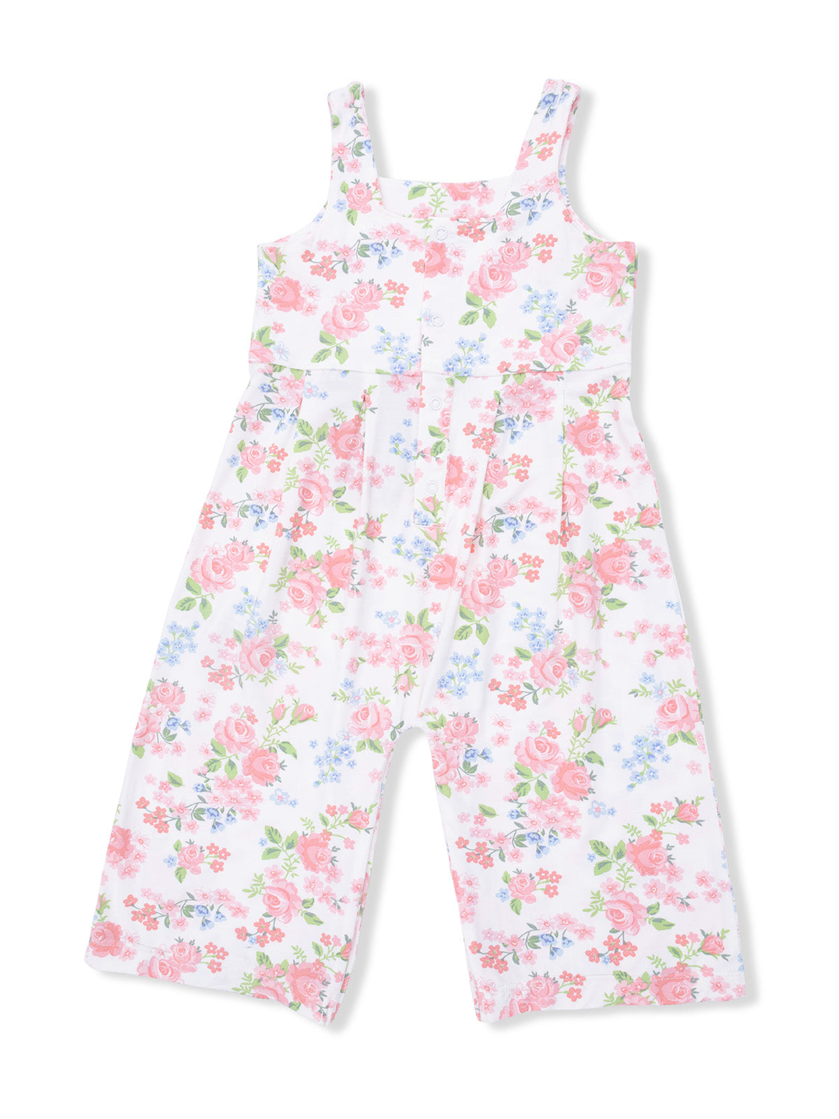 Floral jumpsuit with pink roses and blue flowers, featuring a sleeveless design and wide legs.
