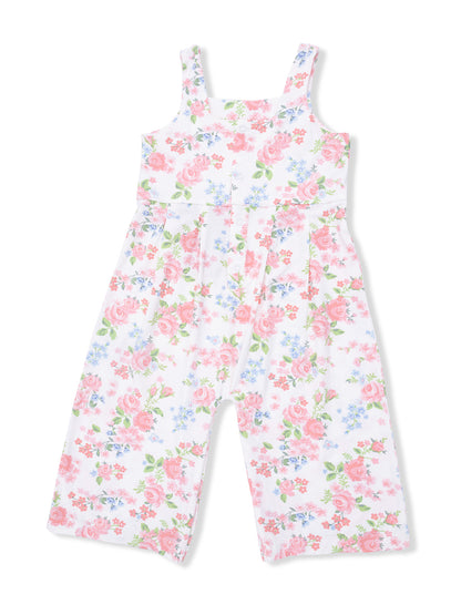 Floral jumpsuit with pink roses and blue flowers, featuring a sleeveless design and wide legs.