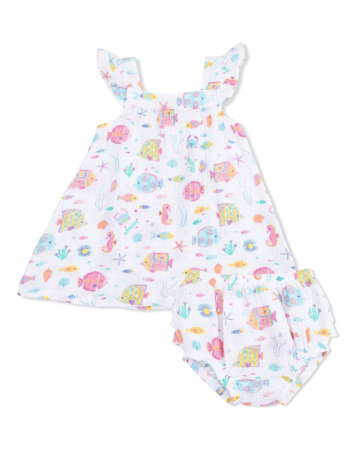 Toddler summer dress with fish print, ruffle straps, and matching bloomer shorts, bright and colorful design.