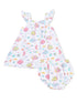 Toddler summer dress with fish print, ruffle straps, and matching bloomer shorts, bright and colorful design.