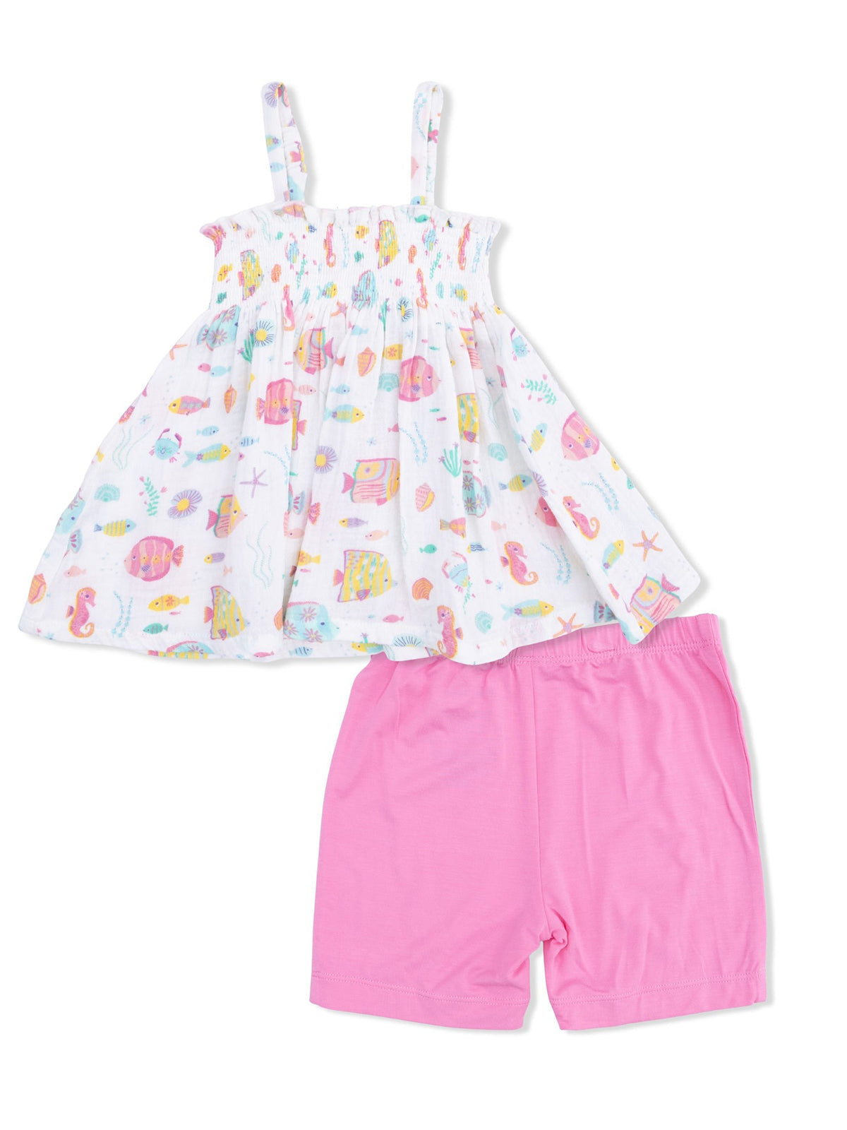 Girls' two-piece outfit: a fish-patterned tank top and pink shorts. Ideal for summer fun and comfort.
