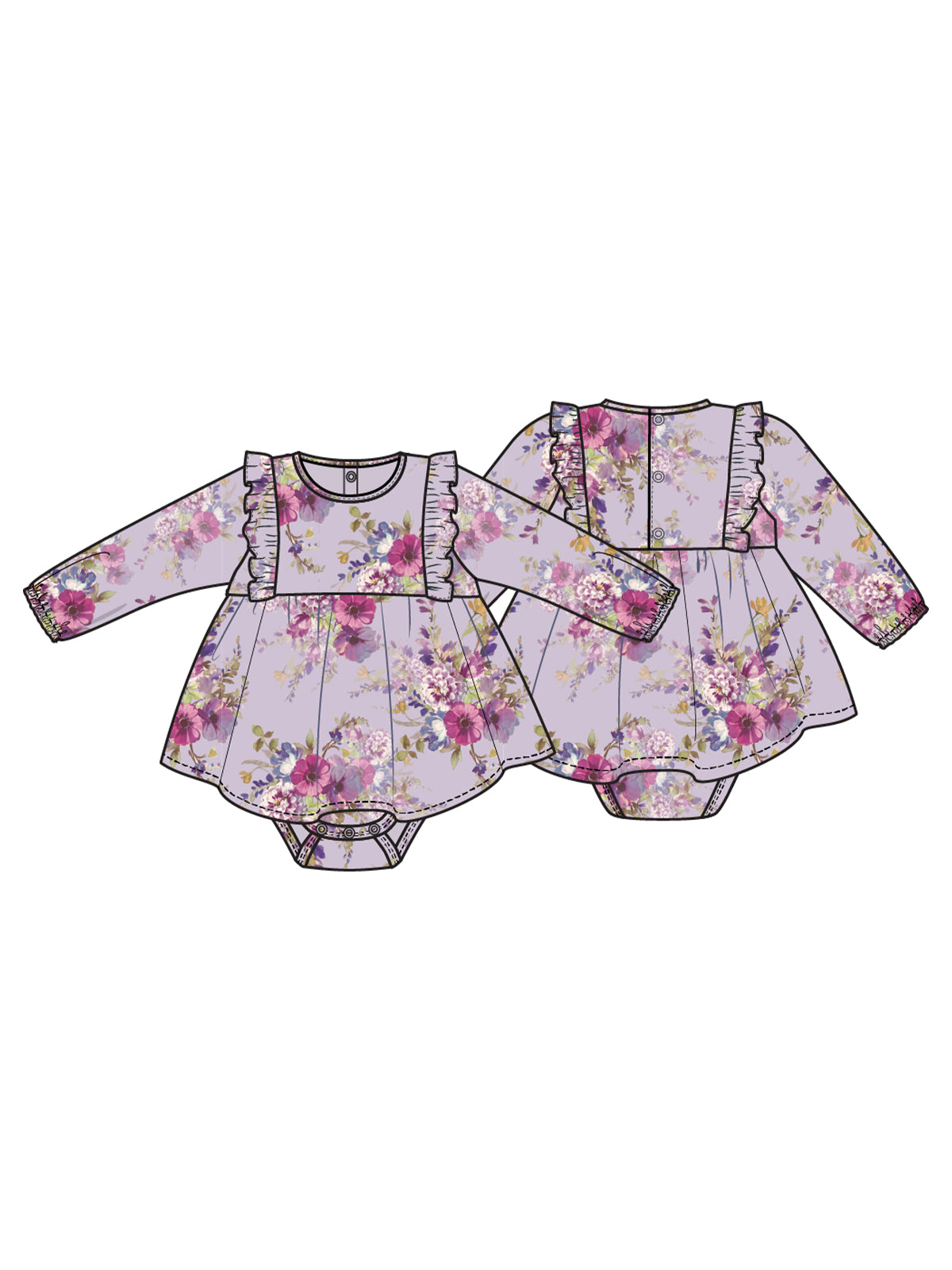 Long Sleeve Ruffle Bodysuit Dress, Dahlia Floral