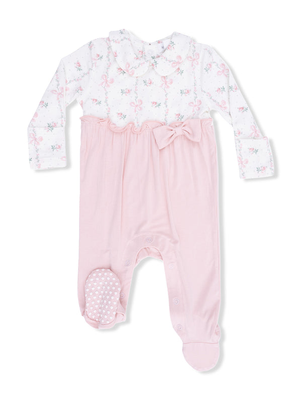 Pink baby romper with floral print, a bow detail, and snap closures for easy dressing. Ideal for infants.