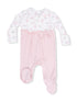 Pink baby romper with floral print, a bow detail, and snap closures for easy dressing. Ideal for infants.