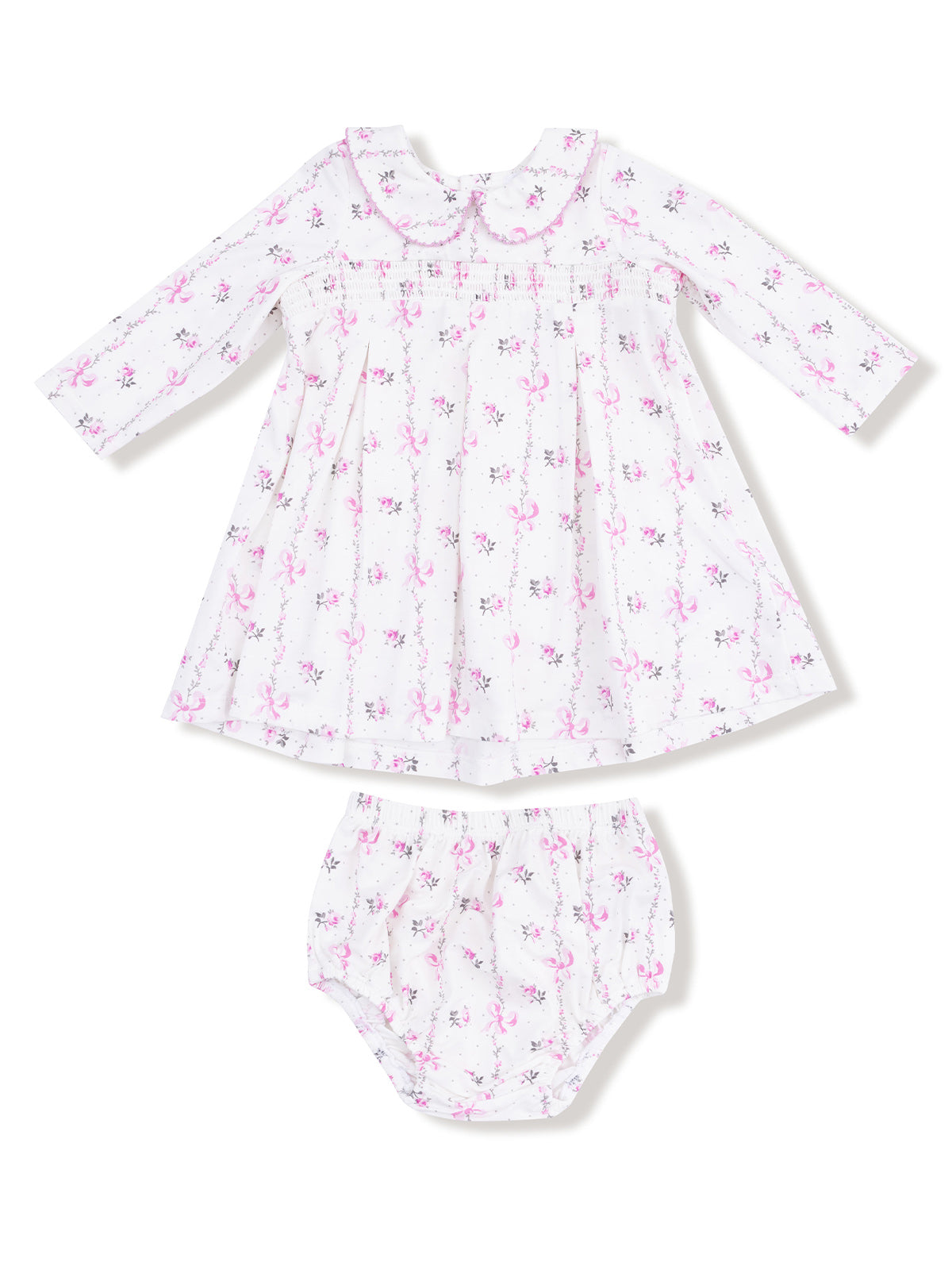 White dress with floral print and matching bloomer, featuring long sleeves and a collar. Perfect for baby girls.