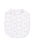 Floral baby bib with pink bows and green vines on a white background.