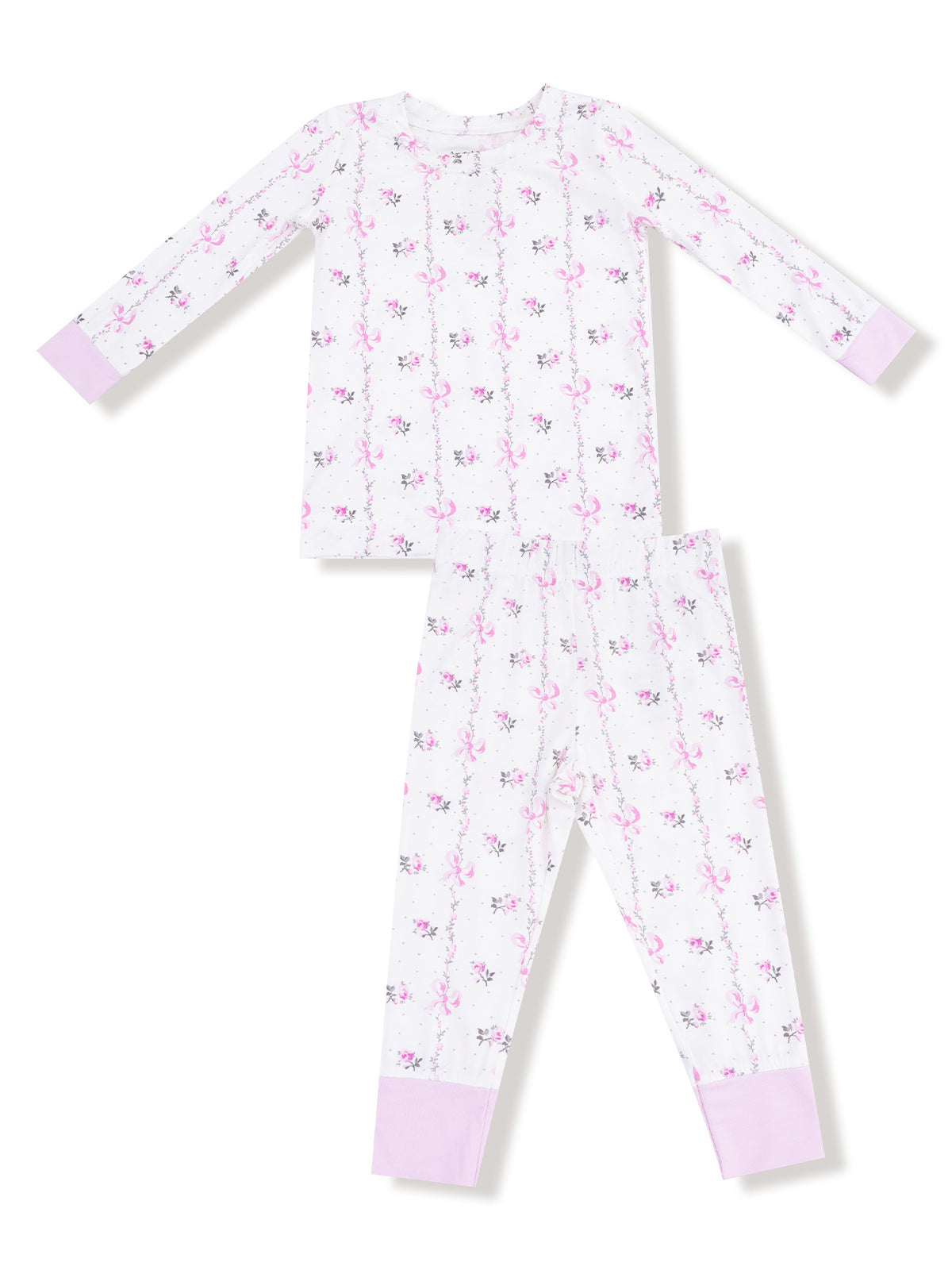 Girls' two-piece pajamas with floral print, long sleeves, and lilac cuffs. Ideal for cozy nighttime wear.