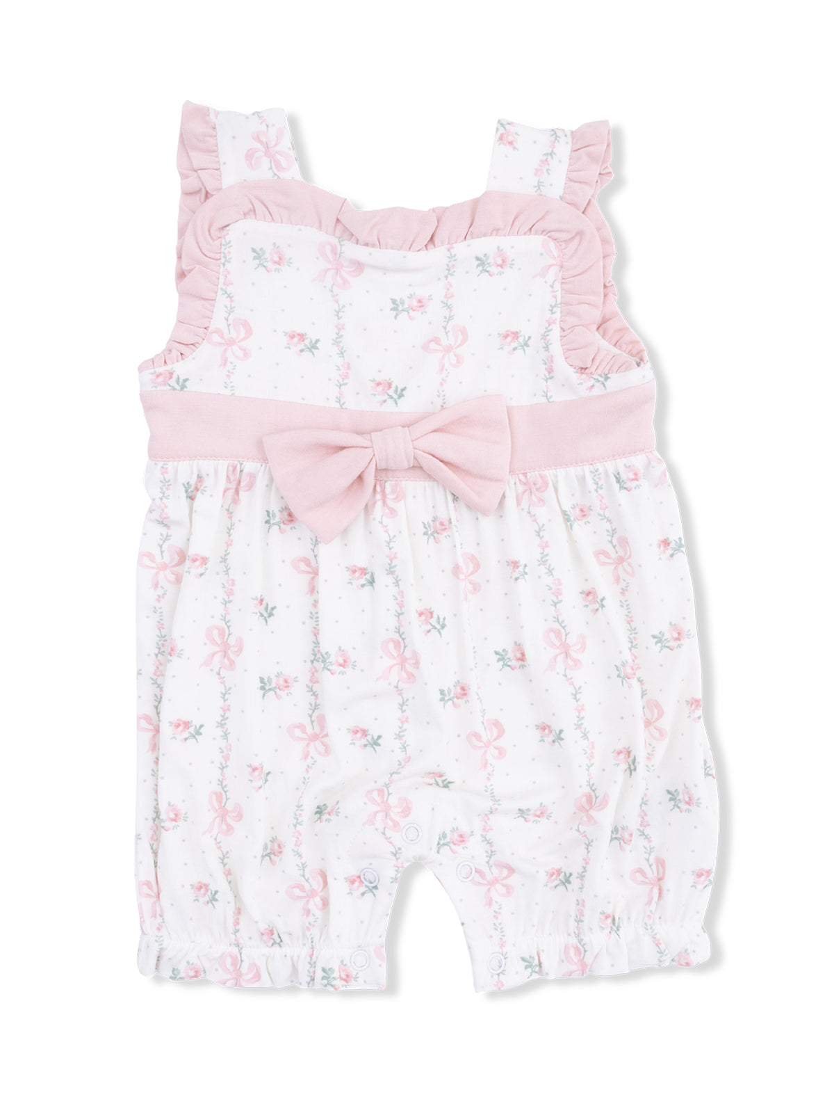 Pink floral romper with ruffled straps and a large bow, perfect for toddlers or infants.