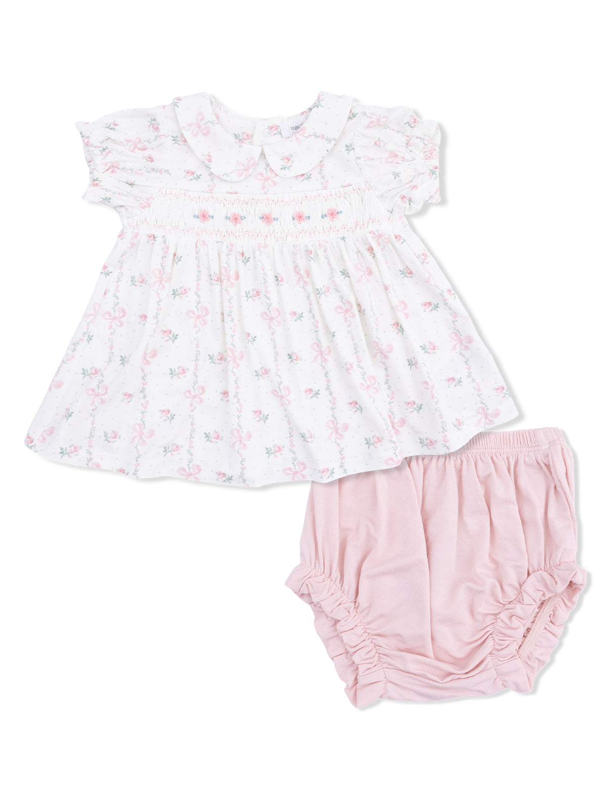 White floral baby dress with pink accents and matching bloomers. Ideal for infants or toddlers.