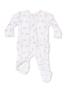 White baby onesie with pink bows and floral print, featuring long sleeves and footed design.