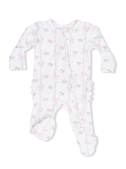 White baby onesie with pink bows and floral print, featuring long sleeves and footed design.