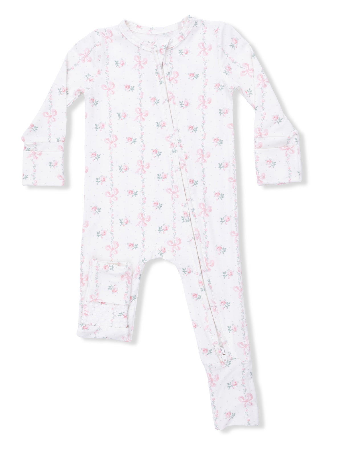 White infant pajamas with pink floral and bow pattern, featuring a front zipper and long sleeves.