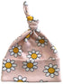 Pink baby beanie with a knot, decorated with white daisies and yellow centers.