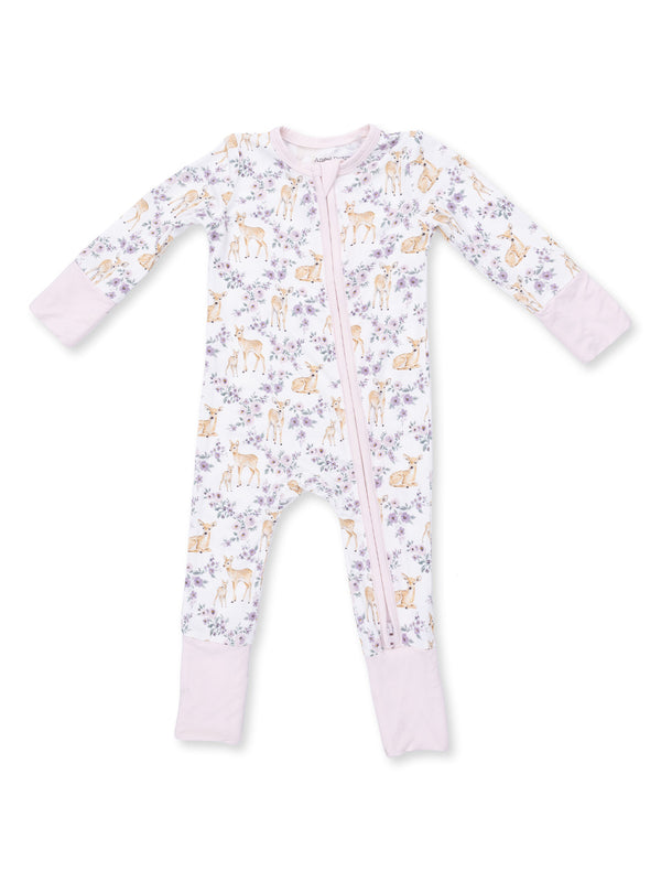 Infant onesie with floral and deer print, featuring a front zipper and pink sleeve cuffs. Perfect for cozy sleepwear.