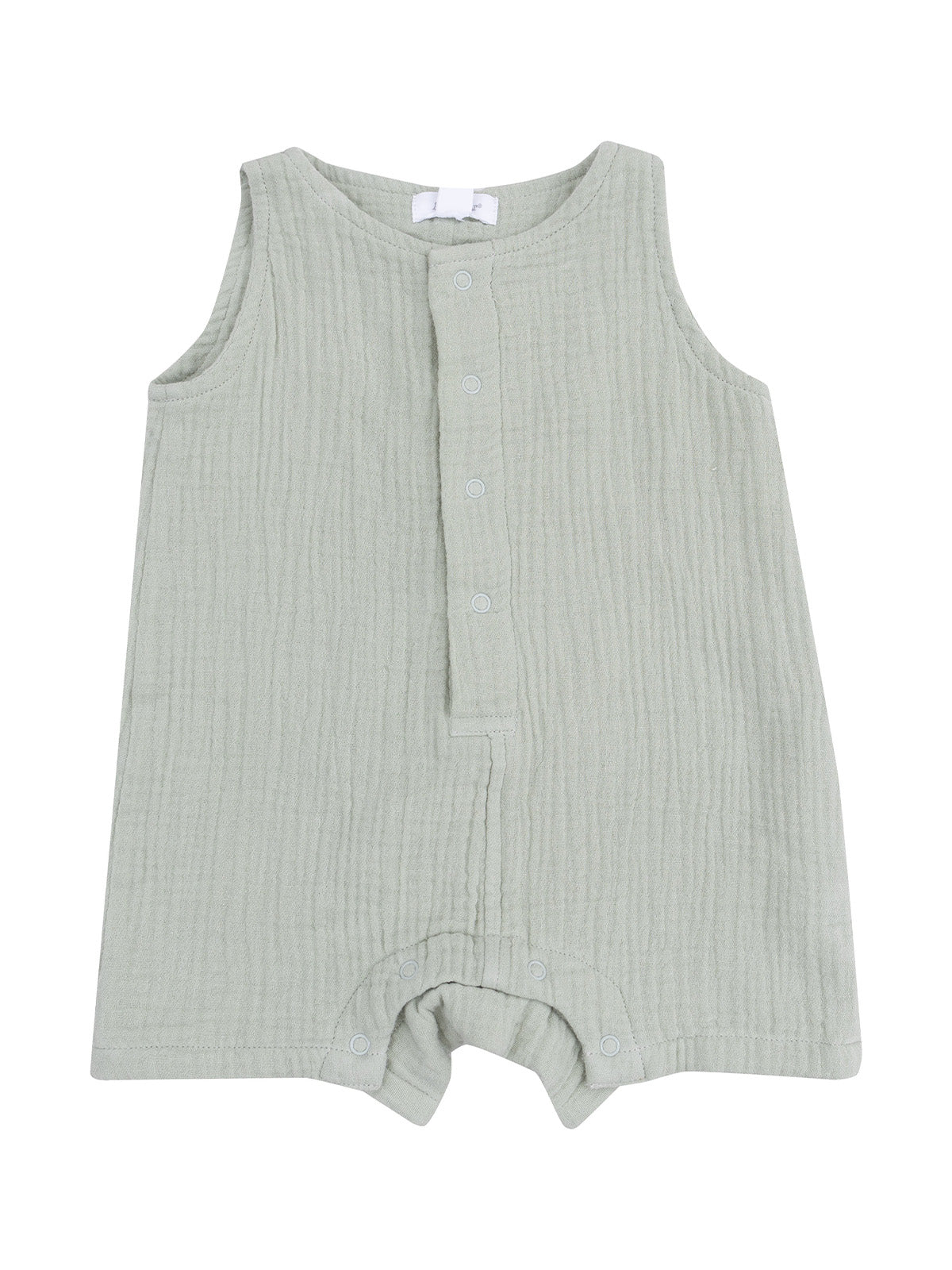 Light green sleeveless romper with button front and snap closures at the bottom for easy dressing.