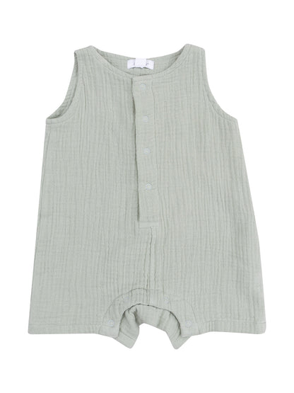Light green sleeveless romper with button front and snap closures at the bottom for easy dressing.