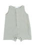 Light green sleeveless romper with button front and snap closures at the bottom for easy dressing.