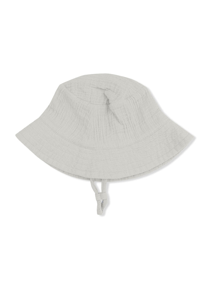 Light gray bucket hat with a textured fabric and adjustable chin strap.
