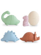 Colorful silicone dinosaur toys in various shapes, including a pink egg, ideal for imaginative play and sensory development.