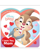Disney Baby book cover featuring a cartoon bunny and kitten with hearts, text reads "I Love You, Mom."