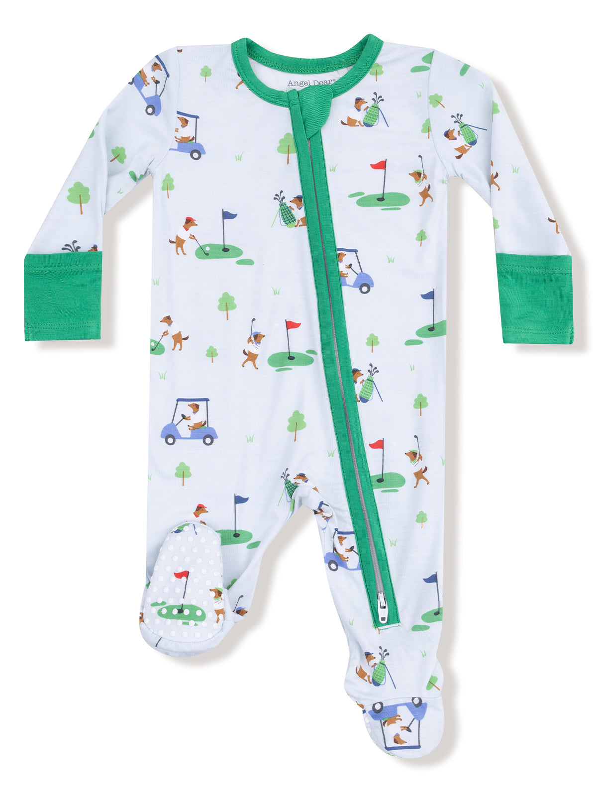 Golf-themed infant onesie with a green zipper, featuring playful golfer graphics and footed design.