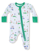 Golf-themed infant onesie with a green zipper, featuring playful golfer graphics and footed design.