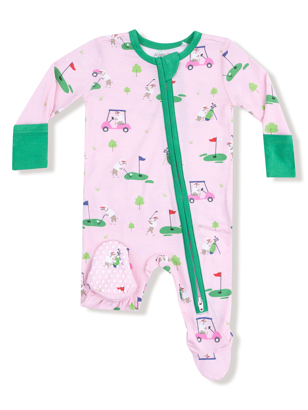 Pink toddler onesie with golf-themed print and green accents, featuring playful animal golfers and fun designs.