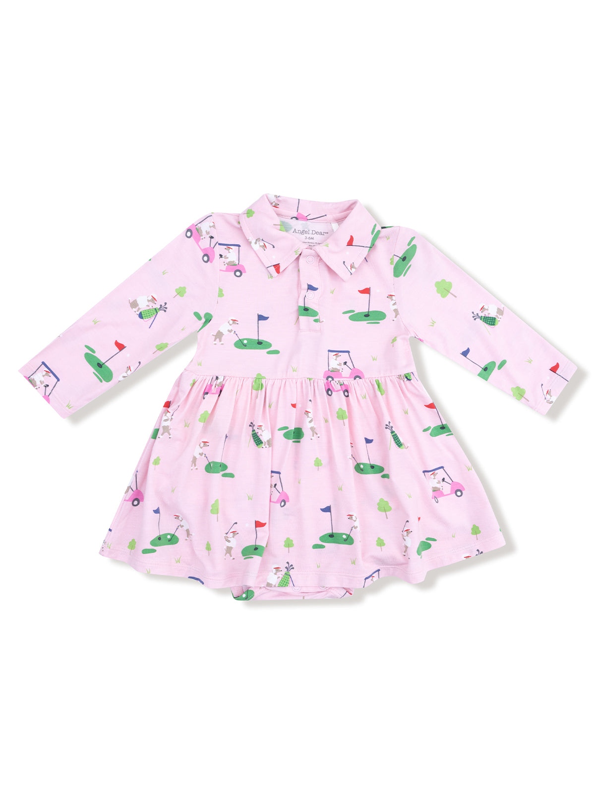 Pink dress with long sleeves, featuring playful golf-themed patterns and a collared neckline. Perfect for little golfers.