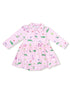 Pink dress with long sleeves, featuring playful golf-themed patterns and a collared neckline. Perfect for little golfers.