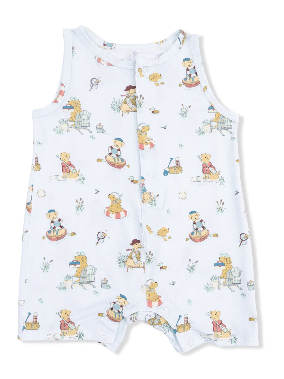 Toddler romper with playful dog illustrations enjoying various summer activities on a light blue background.