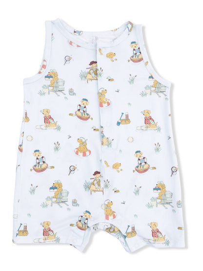 Toddler romper with playful dog illustrations enjoying various summer activities on a light blue background.