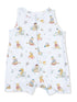 Toddler romper with playful dog illustrations enjoying various summer activities on a light blue background.