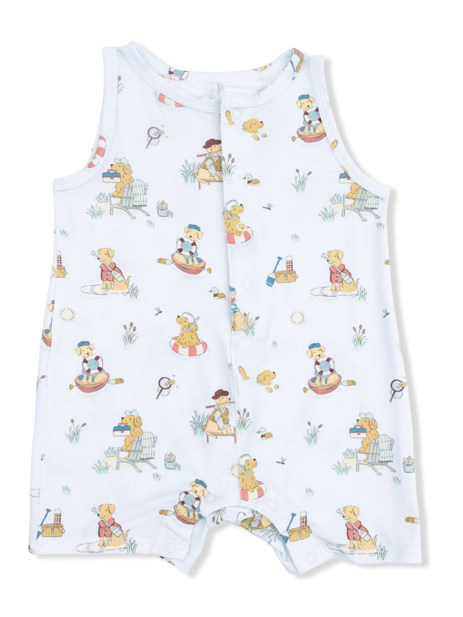 Toddler romper with playful dog illustrations enjoying various summer activities on a light blue background.
