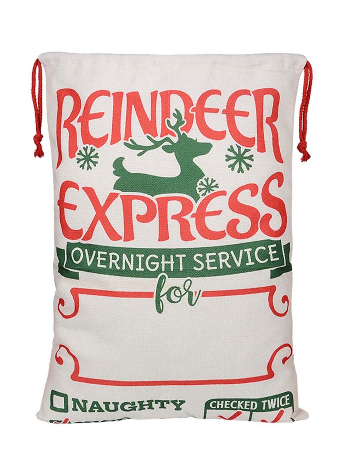 White bag with red and green text reading "Reindeer Express Overnight Service" and checkbox options for "Naughty" and "Checked Twice."