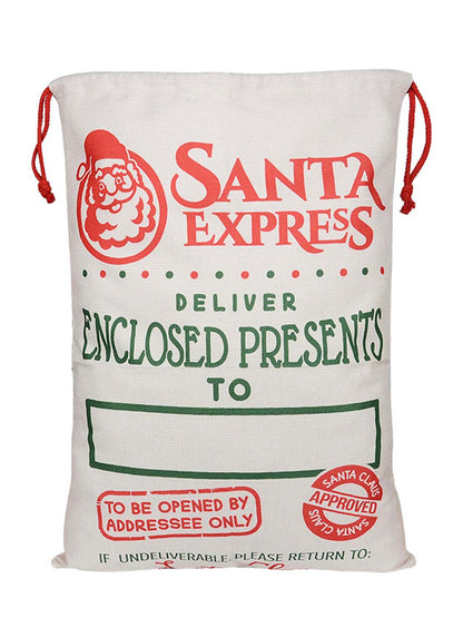 Santa Express gift sack with red drawstrings and holiday-themed text for enclosed presents delivery.