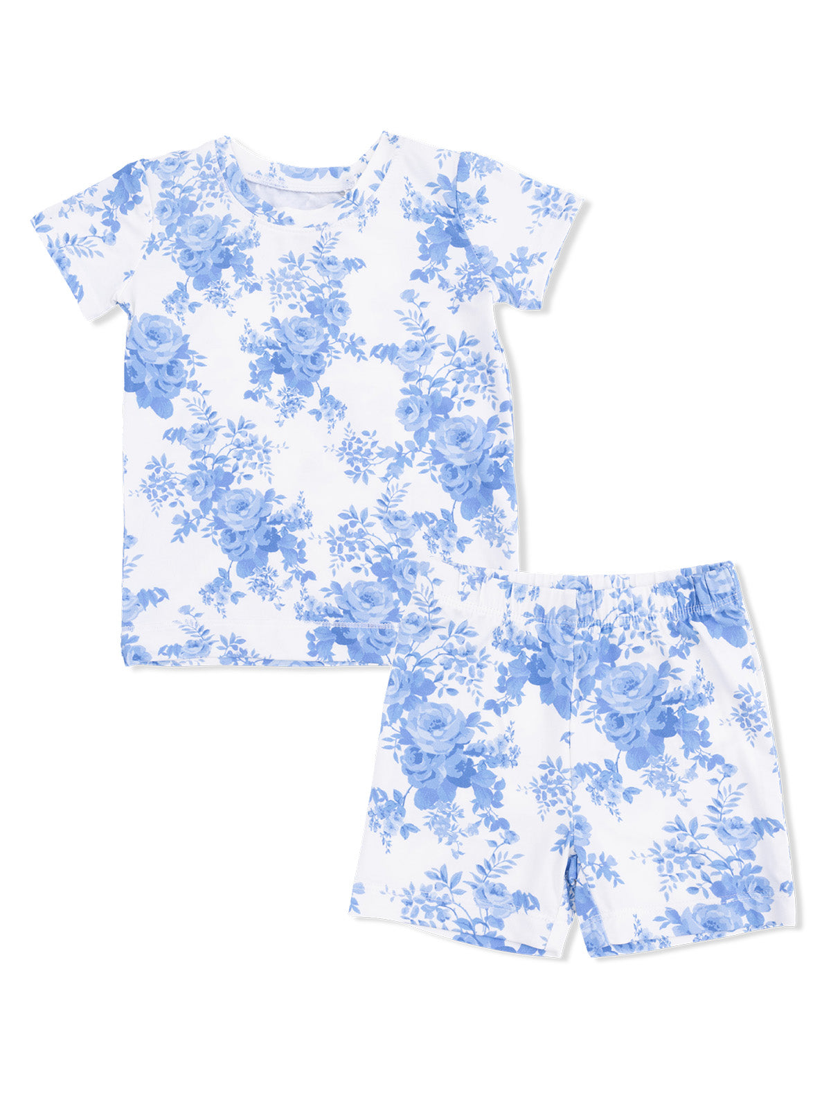 Blue floral short-sleeve shirt and matching shorts on a white background, perfect for summer outings.