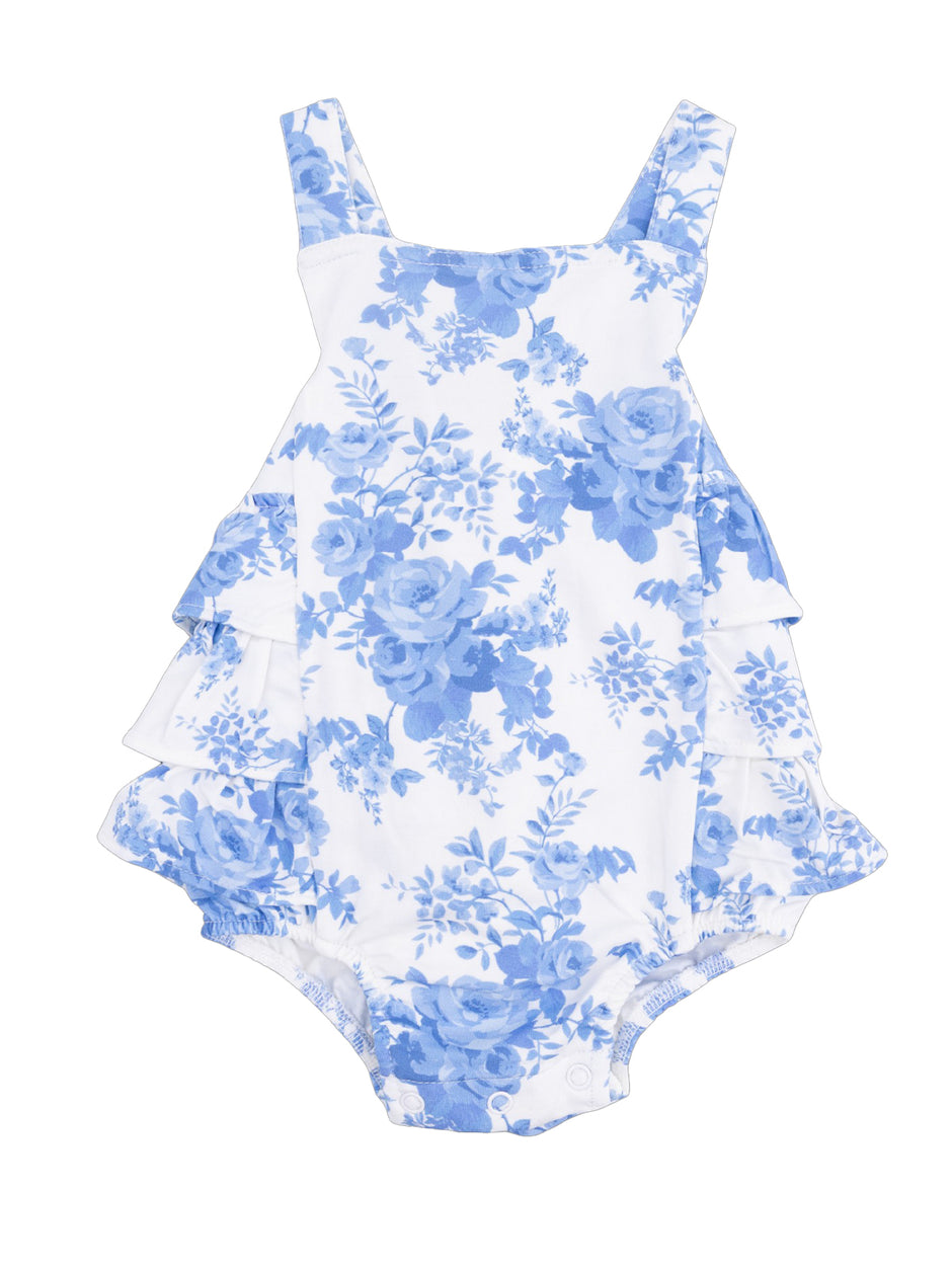 Blue floral ruffled one-piece swimsuit for babies, featuring adjustable straps and a playful design.