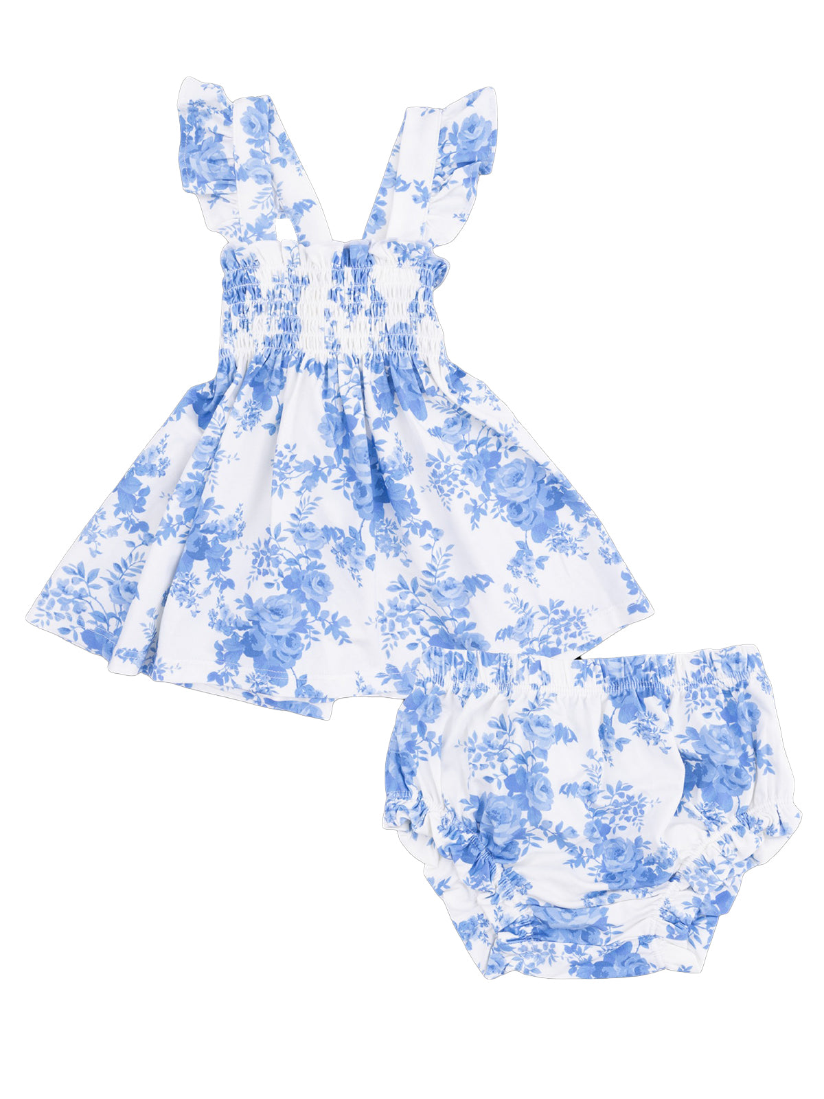 Blue floral dress set with ruffled straps and matching bloomers, perfect for warm weather play.