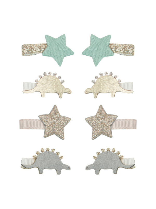Set of hair clips featuring mint green stars and sparkly dinosaur designs in gold and silver.