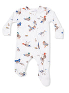 White baby onesie featuring colorful duck illustrations and a front zipper. Ideal for infants.