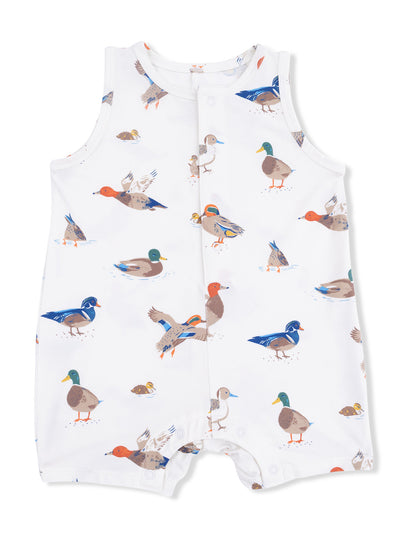 White romper featuring a colorful duck print with various duck species.