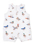White romper featuring a colorful duck print with various duck species.