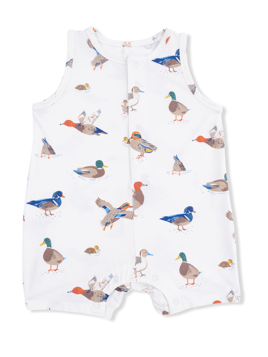 White romper featuring a colorful duck print with various duck species.