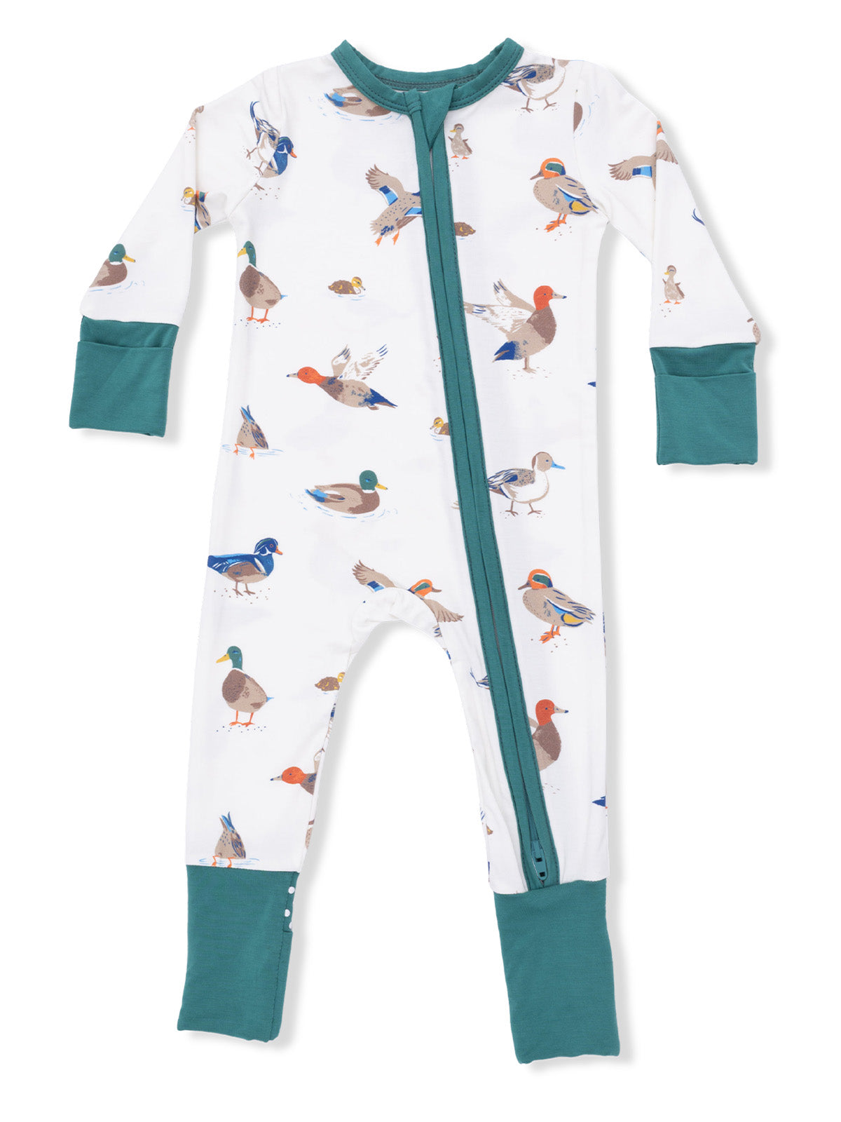Child's long-sleeve pajama onesie with a duck print and teal accents. Ideal for cozy sleepwear.