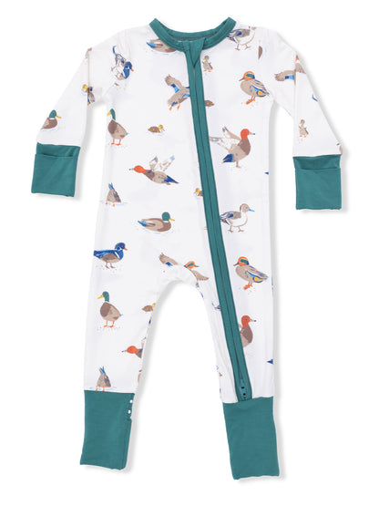 Child's long-sleeve pajama onesie with a duck print and teal accents. Ideal for cozy sleepwear.
