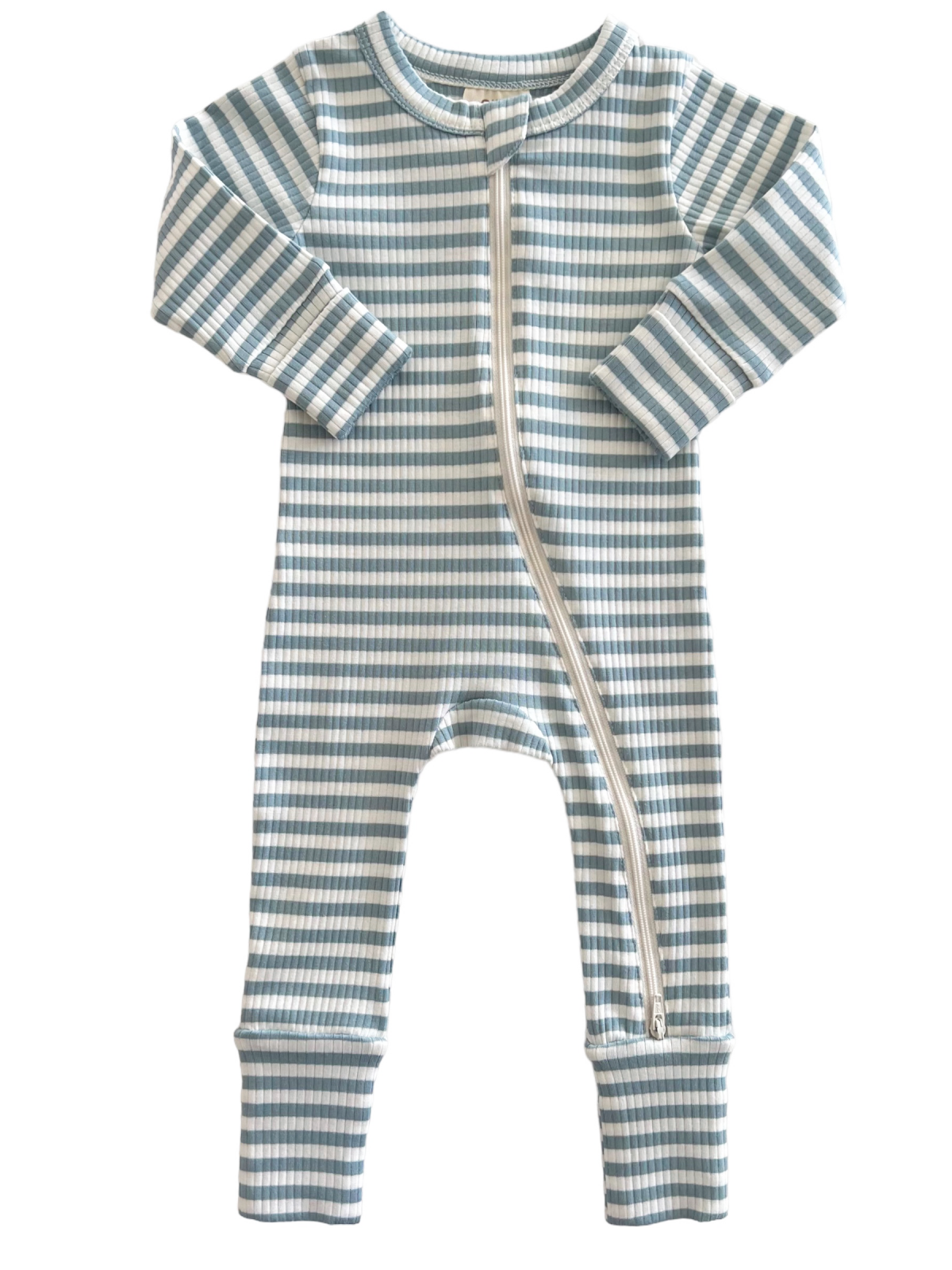 Light blue striped baby onesie with long sleeves and front zipper closure. Ideal for comfortable wear.