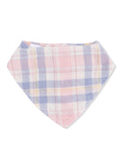 Multicolored plaid bandana in pink, blue, and yellow tones. Lightweight fabric, perfect for pets or casual wear.