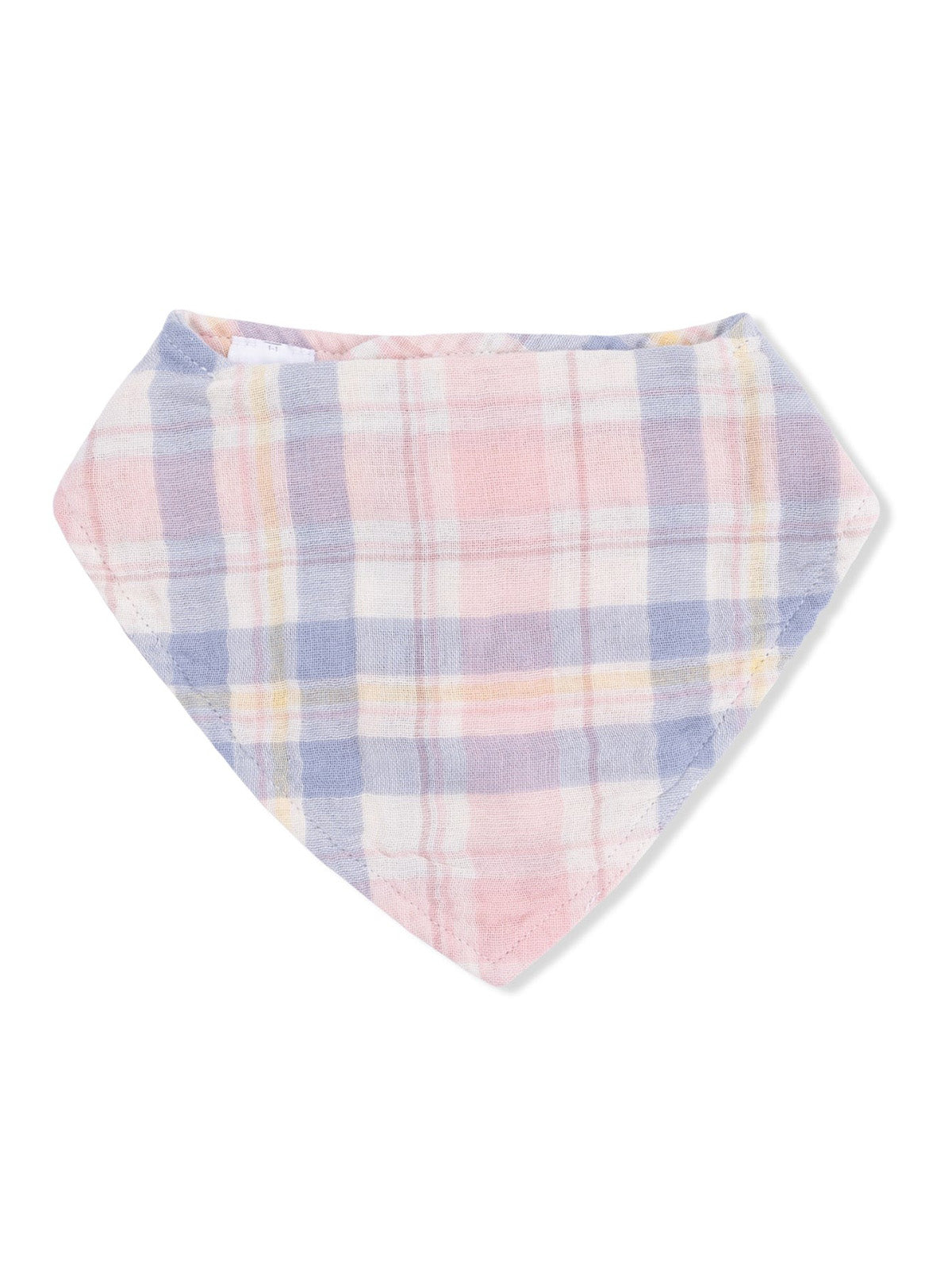Multicolored plaid bandana in pink, blue, and yellow tones. Lightweight fabric, perfect for pets or casual wear.