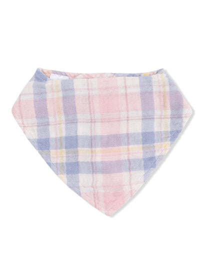 Multicolored plaid bandana in pink, blue, and yellow tones. Lightweight fabric, perfect for pets or casual wear.